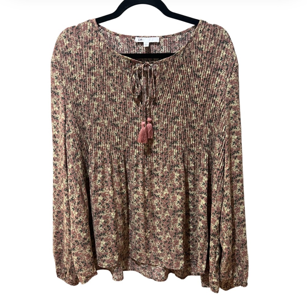 DR2 Daniel Rainn Boho Top Blouse  Pleated Tassel Tie Long Sleeve  SZ L EUC